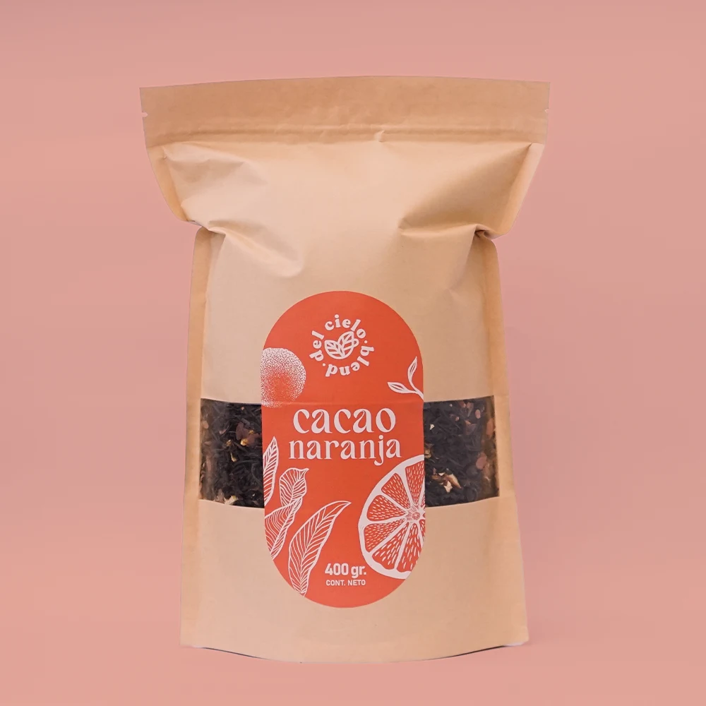té negro con cáscara de naranja y cascarilla de cacao en formato Doypack de 400 gr.